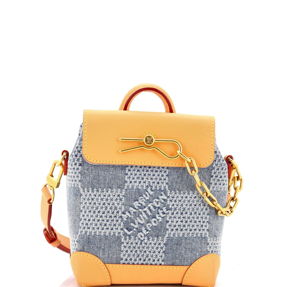 Damier 3D Denim Nano Louis Vuitton Steamer Bag: Damier 3D Denim Nano Louis Vuitton Steamer Bag Damier 3D Denim Nano Louis Vuitton Steamer Bag features a unique denim exterior with the iconic Damier 3D pattern, measuring 7.5" tall and 5.5" wide.