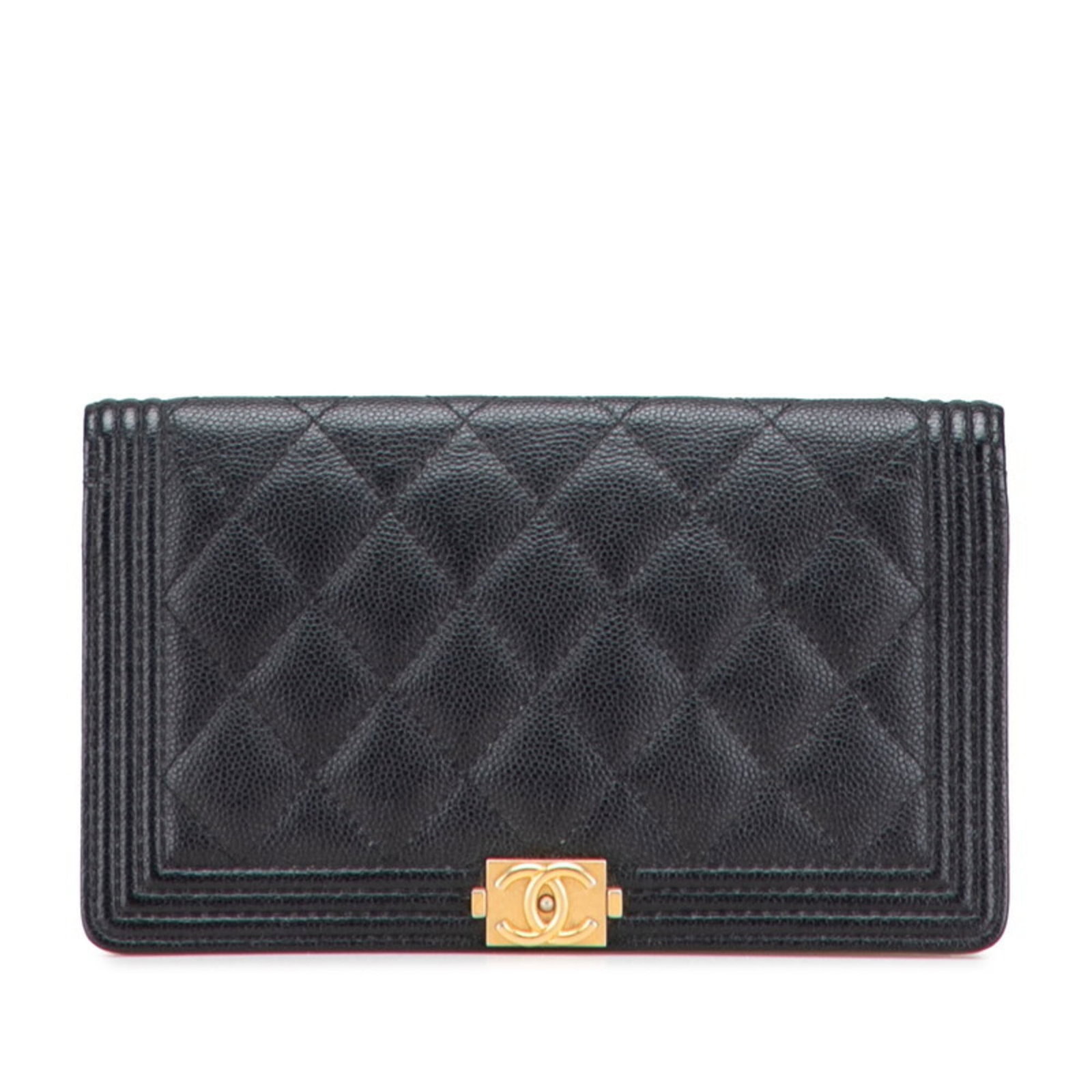 Chanel Long Wallet (Bi-Fold) Grained Calfskin: Chanel Long Wallet (Bi-Fold) Grained Calfskin Black Grained Calfskin Chanel Long Wallet (Bi-Fold) with open closure, featuring bill slot, card slot, and pocket for added functionality. This used long