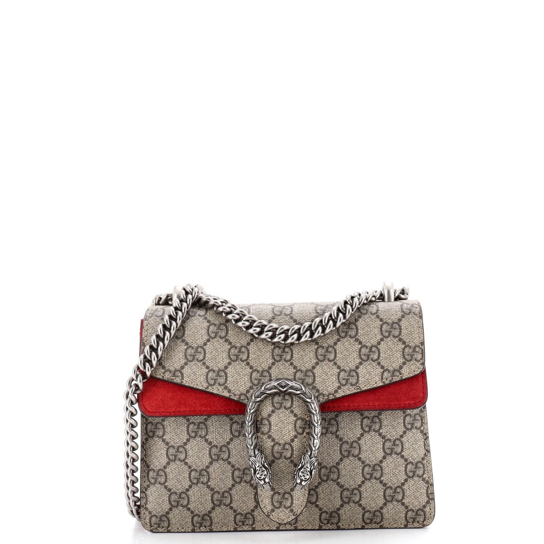 Gucci Dionysus Bag GG Coated Canvas Mini: Gucci Dionysus Bag GG Coated Canvas Mini The Gucci Dionysus Bag GG Coated Canvas Mini boasts a striking red exterior with discoloration and scuffs, showcasing its unique character. With a suede interi
