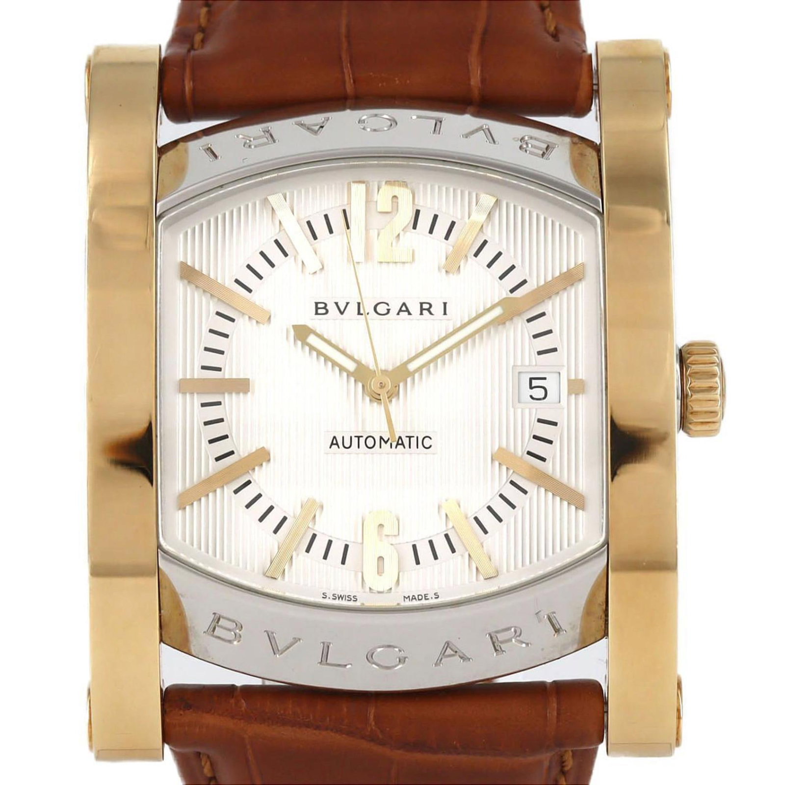 Bvlgari Wristwatch: Bvlgari Wristwatch Stainless steel and yellow gold blend in this 48mm Bvlgari wristwatch, featuring a silver dial. The watch has traces of usage with scratches and dirt visible but remains generally