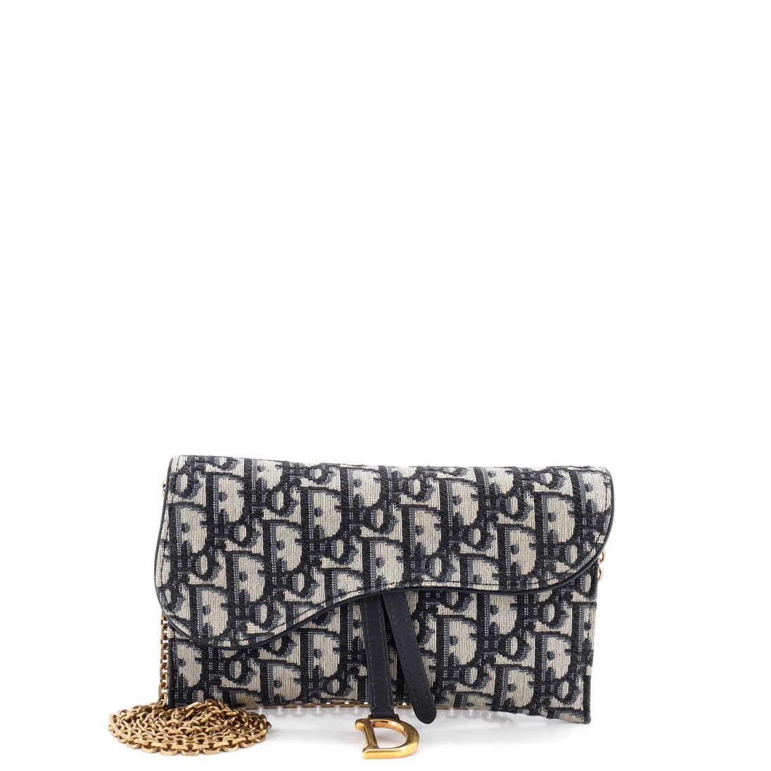 Canvas wallet saddle chain from Christian Dior: Canvas wallet saddle chain from Christian Dior Canvas wallet saddle chain from Christian Dior features an oblique canvas exterior in blue, paired with leather interior and aged gold hardware. The