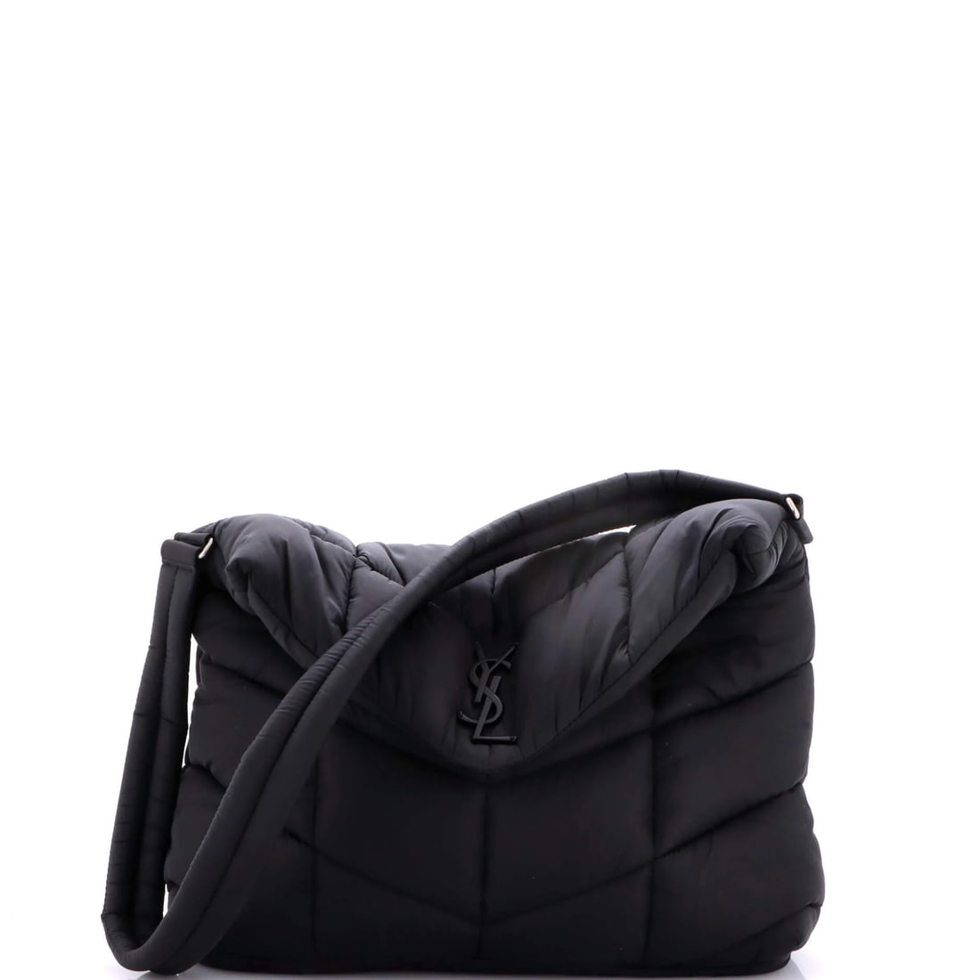 Saint Laurent Loulou Puffer Messenger Bag Quilted Econyl: Saint Laurent Loulou Puffer Messenger Bag Quilted Econyl Black Saint Laurent Loulou Puffer Messenger Bag with quilted Econyl exterior, featuring silver hardware and a classic design. The bag has