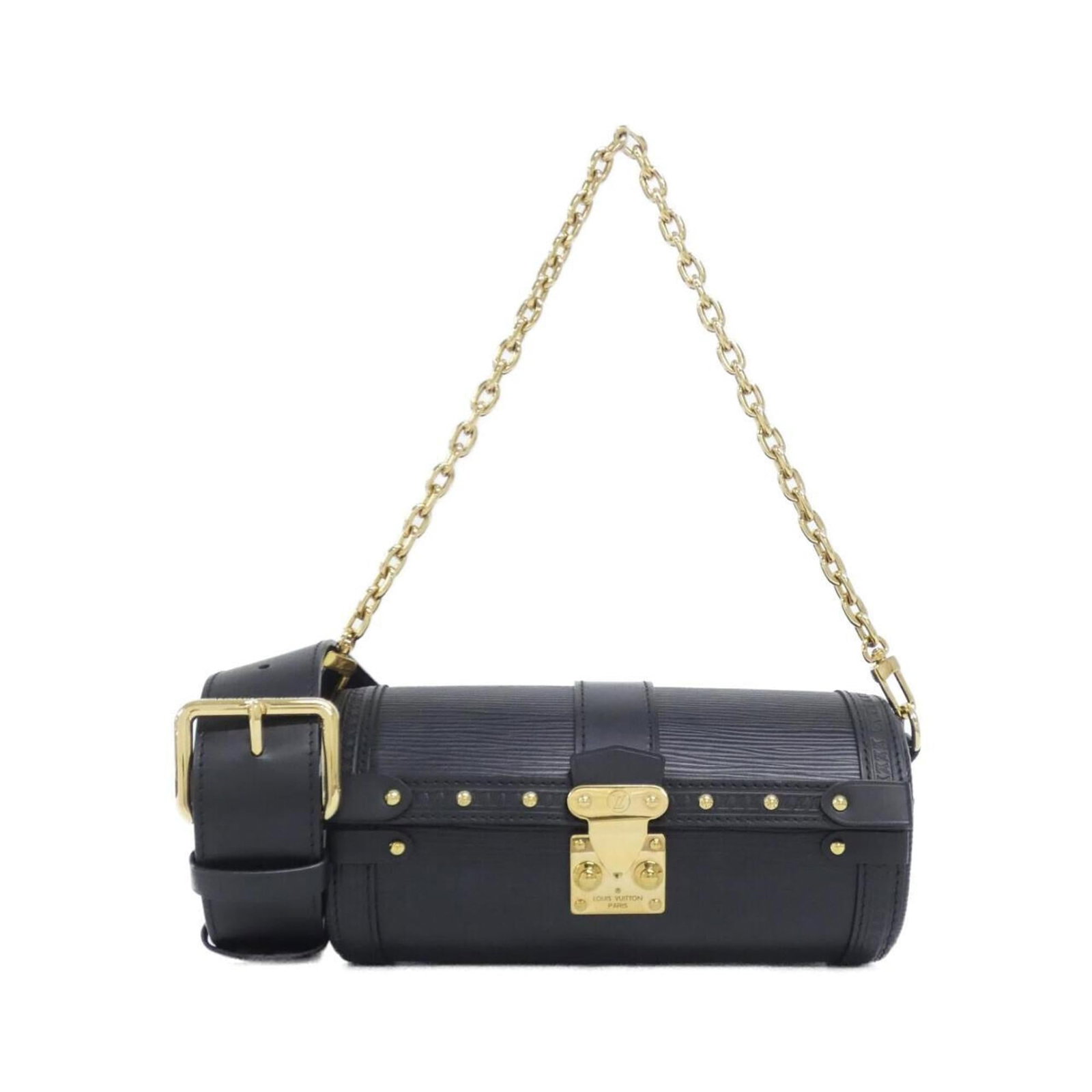 Shoulder Bag Leather Vuitton Louis: Shoulder Bag Leather Vuitton Louis Black leather Louis Vuitton shoulder bag with gold hardware, featuring calf leather construction and a sturdy handle. The bag has some scratches and dirt, but