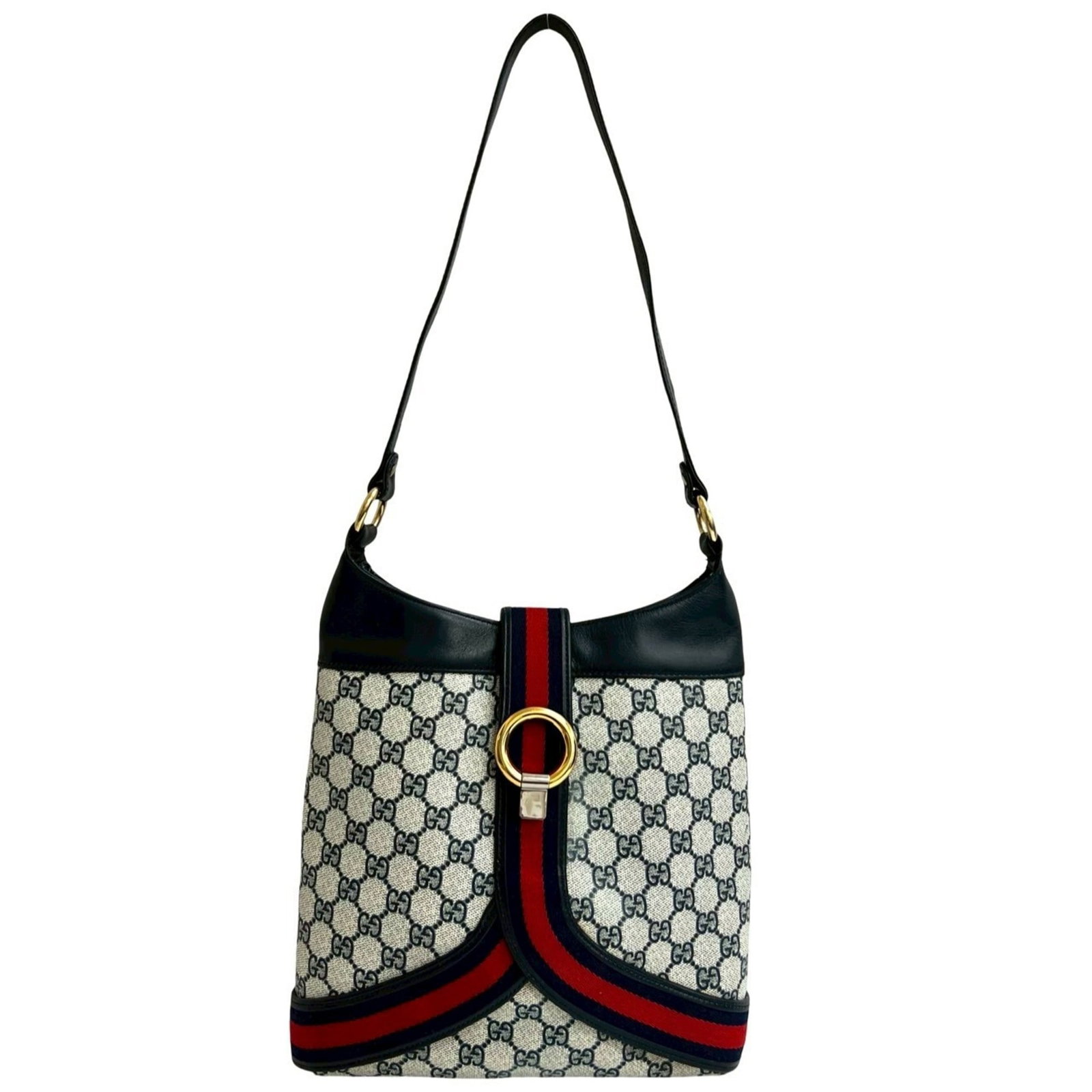 Gucci Shoulder Bag Leather Pvc: Gucci Shoulder Bag Leather Pvc Navy and red striped leather and PVC shoulder bag from Gucci, featuring a classic design with a 27cm x 27.5cm x 6cm size. The bag has been used and shows traces of