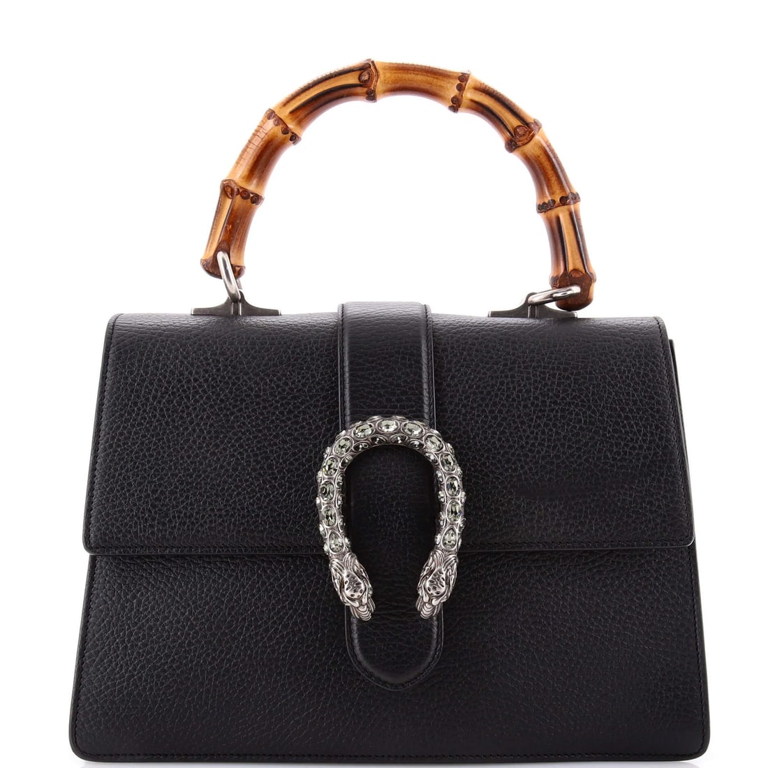 Gucci Medium Leather Bamboo Bag Top Dionysus: Gucci Medium Leather Bamboo Bag Top Dionysus Top handle bag with bamboo accents, featuring Gucci's signature Dionysus style in black leather. The medium size offers a versatile carry option, while