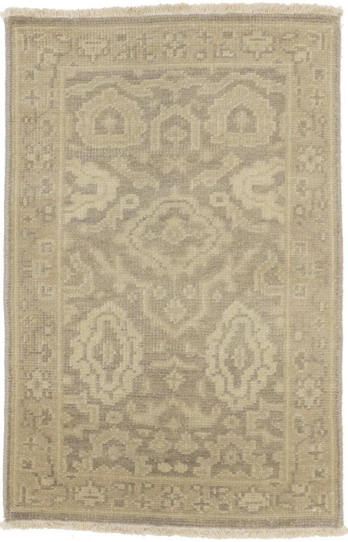 2x3 Antique-Style Chobi Oushak Oriental Rug Muted Brown Entrance Carpet: 2x3 Antique-Style Chobi Oushak Oriental Rug Muted Brown Entrance Carpet The 2x3 Antique-Style Chobi Oushak Oriental Rug boasts a unique, modern floral theme in muted colors. This hand-knotted wool