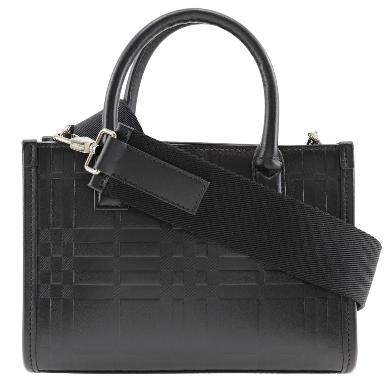 Leather Burberry Handbag: Leather Burberry Handbag Black leather Burberry handbag with open closure, featuring calfskin material and a classic design. Measuring 14cm x 19.5cm x 6cm, it has a sturdy strap drop of 59cm and a