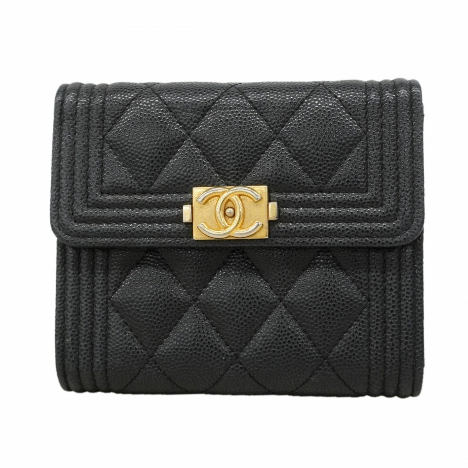 Calfskin wallet bi-fold from Chanel: Calfskin wallet bi-fold from Chanel Calfskin wallet bi-fold from Chanel, featuring grained Calfskin material and a classic black color. This used item has traces of usage with scratches and dirt, but