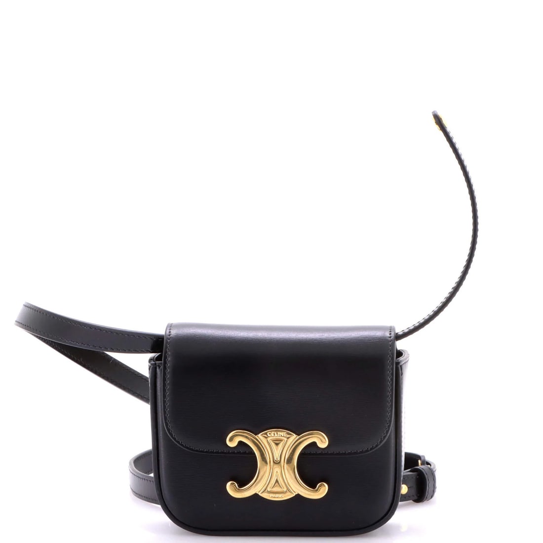 Coated Canvas Shoulder Bag Triomphe Mini Celine: Coated Canvas Shoulder Bag Triomphe Mini Celine The Celine Claude Shoulder Bag Triomphe Mini in black leather features a coated canvas exterior with gold hardware, making it a stylish and