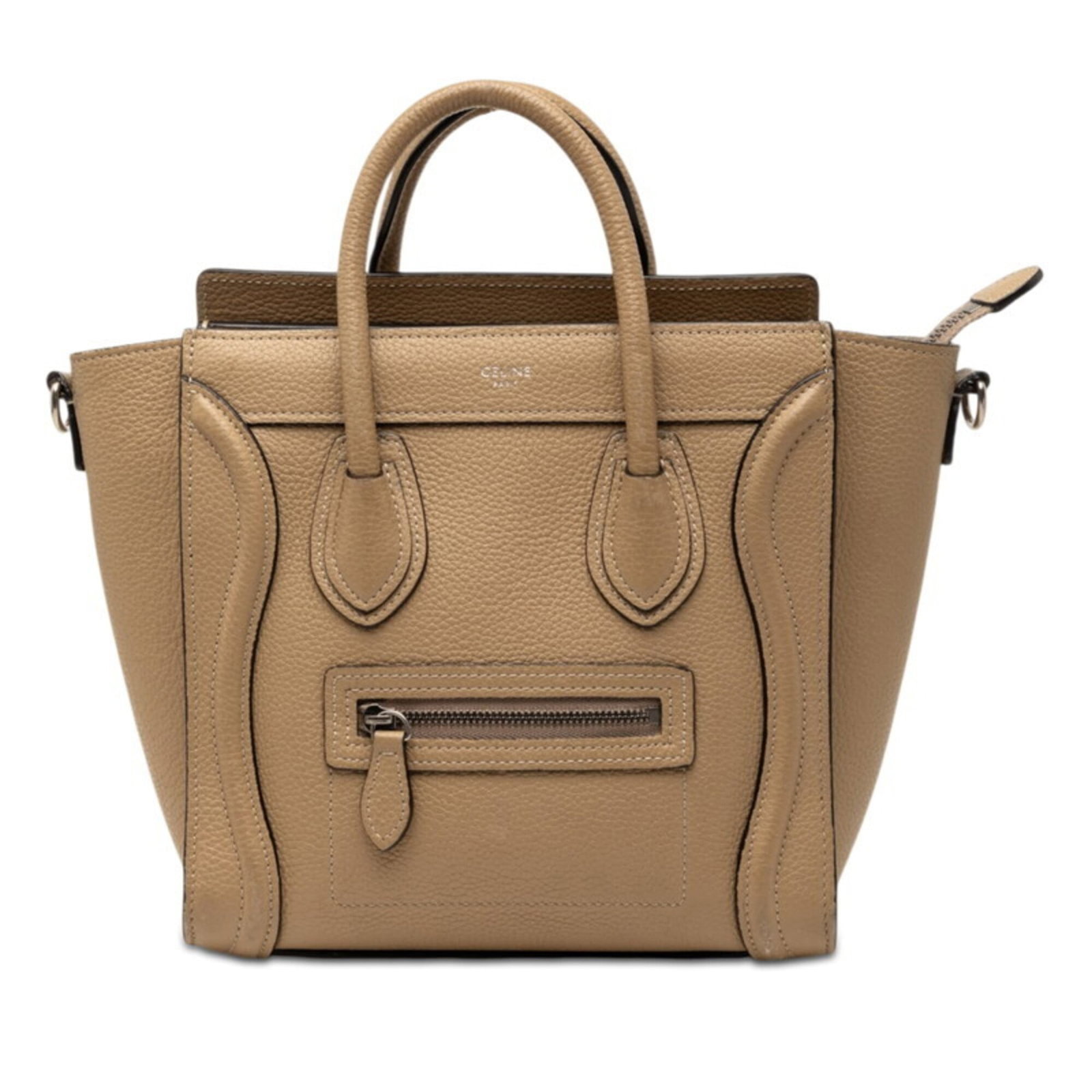 Handbag Leather by Celine: Handbag Leather by Celine Celine's beige leather handbag features a classic design with subtle scratches and signs of usage, adding to its worn-in charm. Made from high-quality leather, the bag