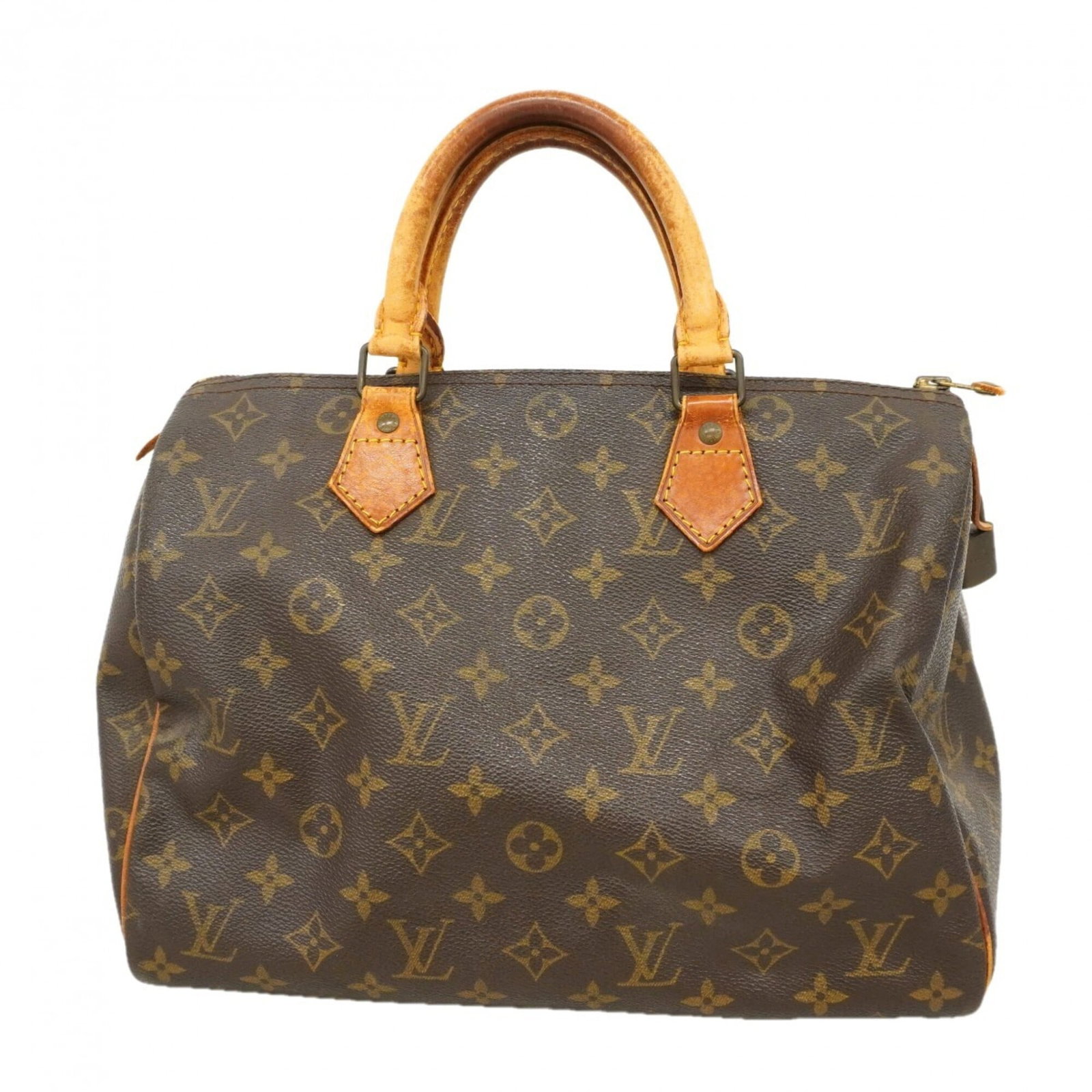 Handbag by Louis Vuitton: Handbag by Louis Vuitton Brown Louis Vuitton handbag with a classic design, measuring 22cm x 31cm x 16cm. The bag shows signs of usage, including scratches and dirt, but remains in good condition over
