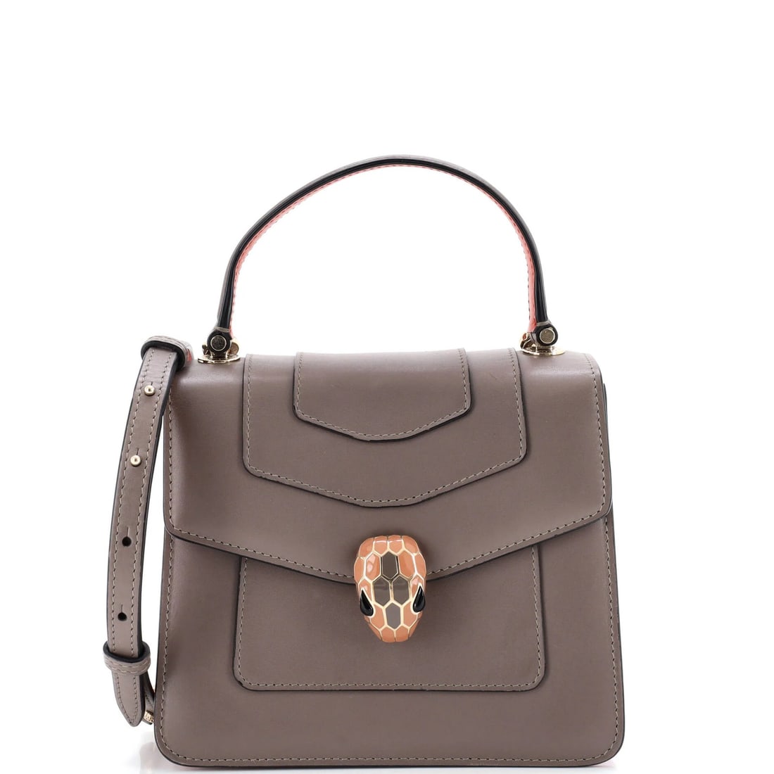 Small leather bag forever top handle serpenti bvlgari: Small leather bag forever top handle serpenti bvlgari Small leather bag with top handle, featuring the iconic Serpenti Forever design from Bvlgari. Made from high-quality gray leather with orange