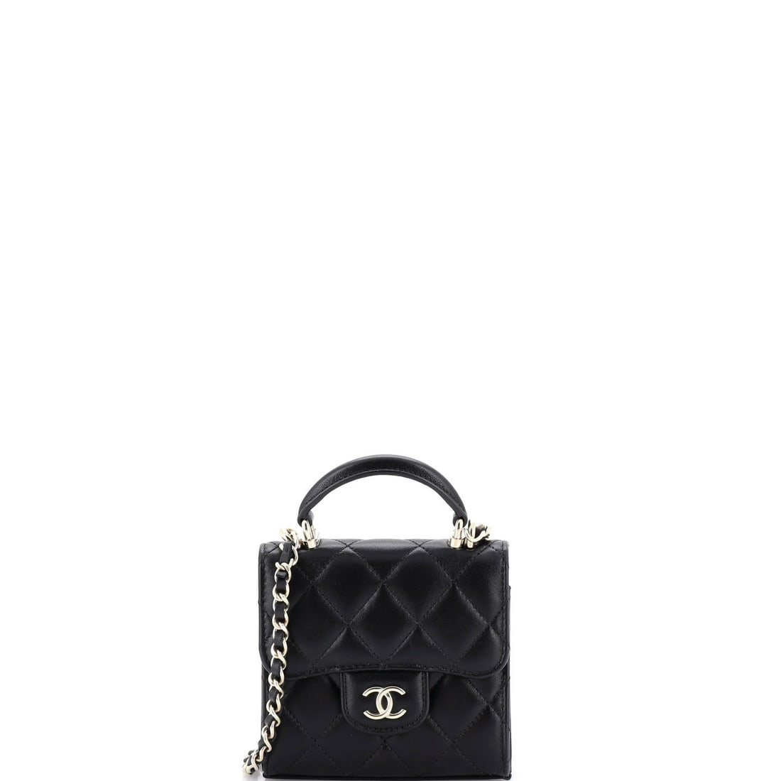 Chanel Flap Clutch Lambskin With Chain Quilted Top Square: Chanel Flap Clutch Lambskin With Chain Quilted Top Square Square Classic Flap Top Handle Clutch with Chain Quilted Lambskin Exterior, featuring minor scuffs and creases on the exterior, and a sturdy