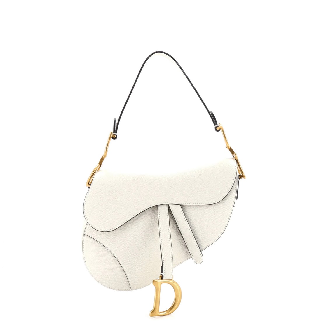 Dior Saddle Leather Handbag Medium Christian: Dior Saddle Leather Handbag Medium Christian The Dior Saddle Leather Handbag Medium Christian boasts a striking white exterior and elegant aged gold hardware, perfectly capturing the essence of