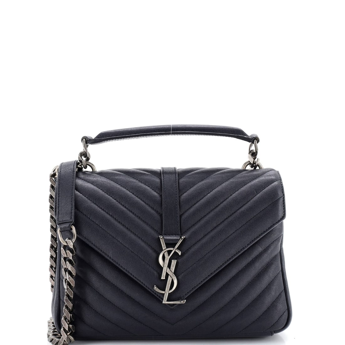 Leather Chevron Matelasse Medium Bag Monogram College Saint Laurent Classic: Leather Chevron Matelasse Medium Bag Monogram College Saint Laurent Classic Blue leather Saint Laurent Classic Monogram College Matelasse Chevron Medium bag with scuffed exterior and minor creases,