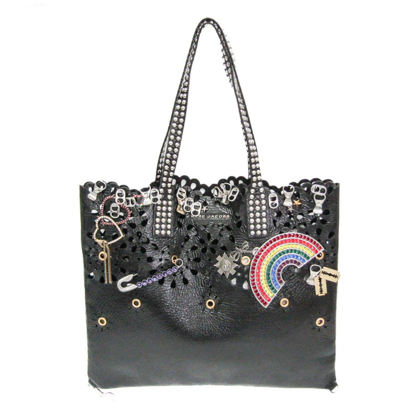 Tote Bag Leather by Marc Jacobs: Tote Bag Leather by Marc Jacobs Black leather tote bag by Marc Jacobs, featuring a multi-color design. The bag measures 38cm x 45cm x 1cm and has some scratches and dirt from previous use, but