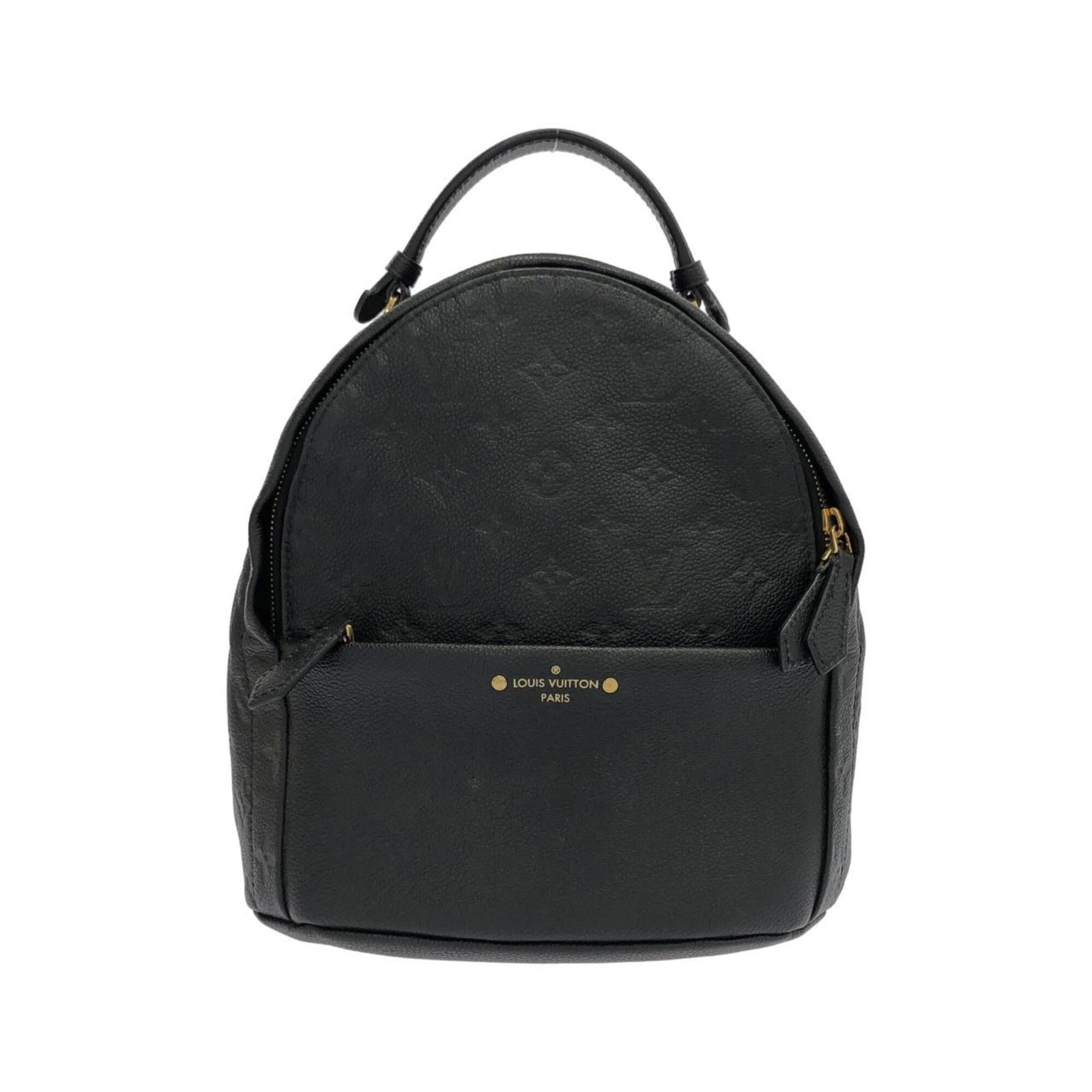 Louis Vuitton Leather Backpack: Louis Vuitton Leather Backpack Black leather backpack from Louis Vuitton, featuring calf leather construction and gold hardware. The backpack has some traces of usage with minor scratches and dirt, bu
