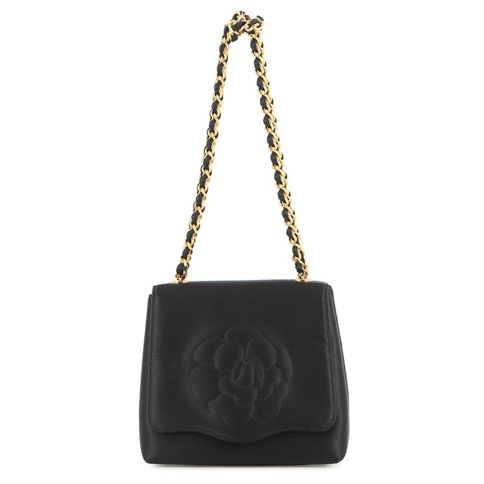 Handbag Satin from Chanel: Handbag Satin from Chanel Satin handbag from iconic French fashion house Chanel, boasting sleek black satin exterior and gold hardware accents. Measuring 13cm x 14.5cm x 6cm, this compact design
