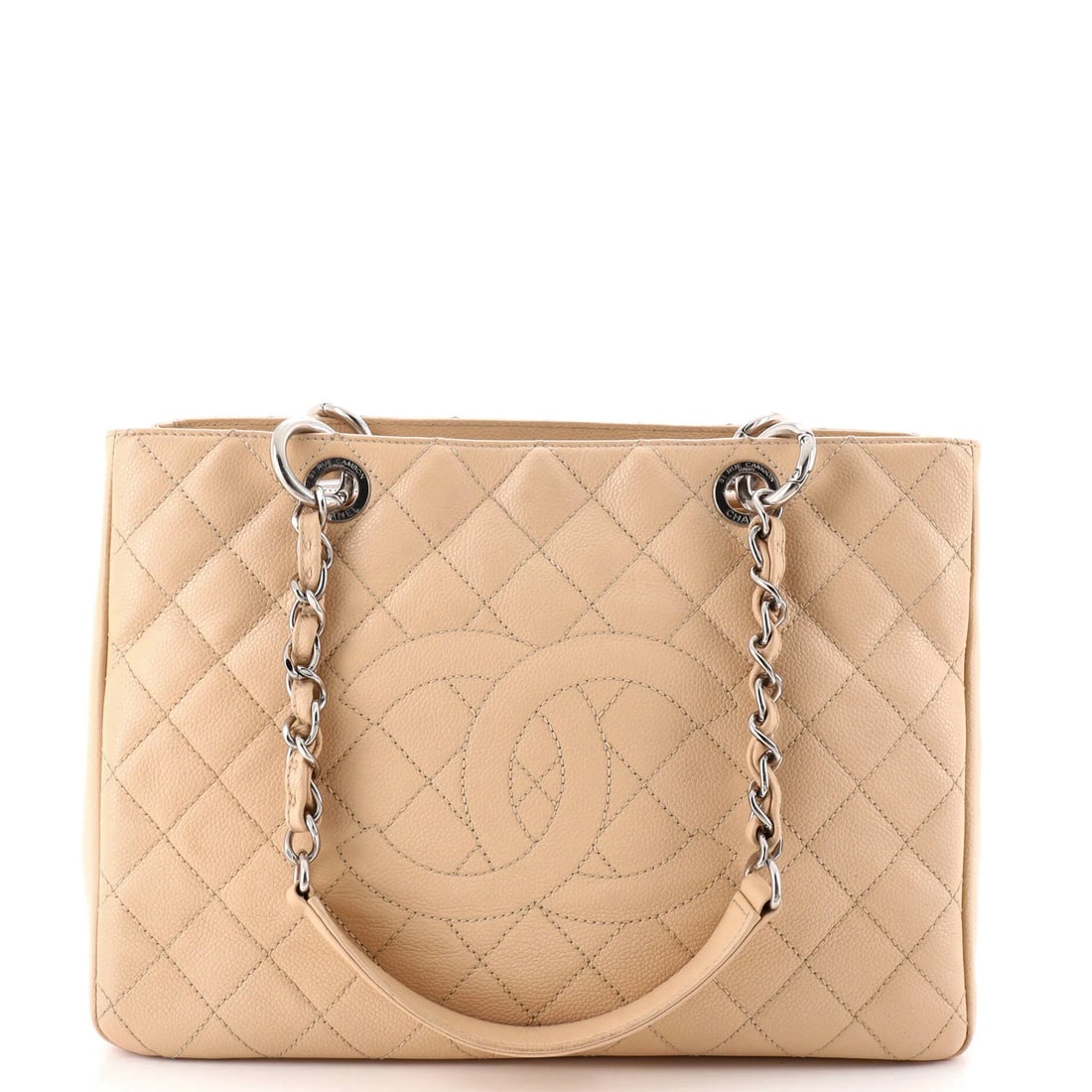 Caviar Quilted Shopping Grand Tote Chanel: Caviar Quilted Shopping Grand Tote Chanel The Chanel Grand Shopping Tote Quilted Caviar features a neutral exterior made from high-quality leather, adorned with quilted detailing and silver hardware. 