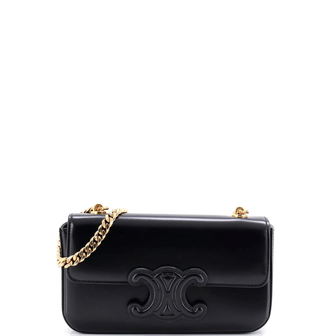 Chain Leather Small Shoulder Bag Triomphe Celine: Chain Leather Small Shoulder Bag Triomphe Celine The Triomphe Chain Shoulder Bag from Celine features a sleek black leather exterior with gold hardware, measuring 4" tall and 8" wide. This small