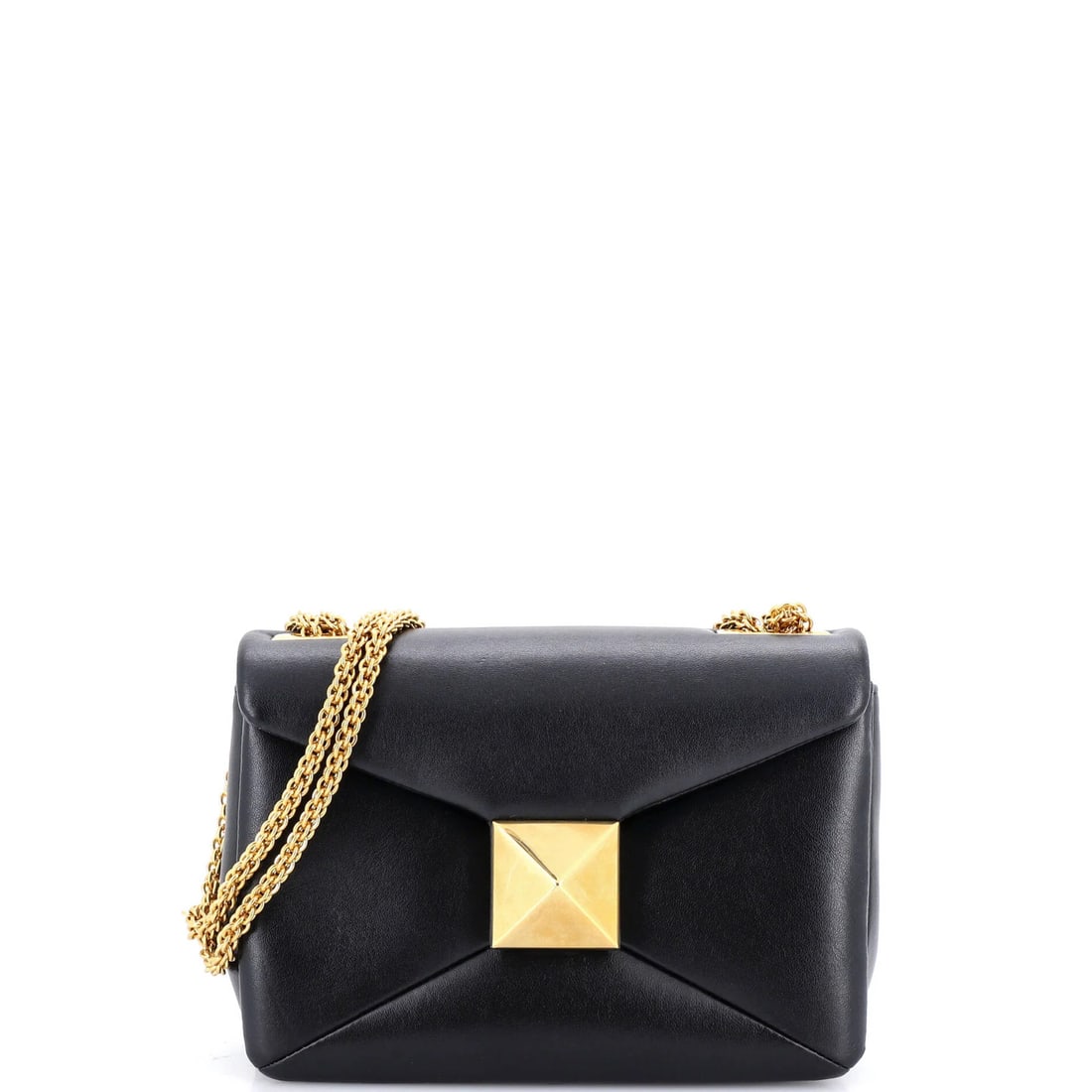 One small leather flap chain bag by Valentino Garavani: One small leather flap chain bag by Valentino Garavani Small leather flap chain bag by Valentino Garavani in black, featuring a one-stud chain design and aged gold hardware. The exterior shows minor