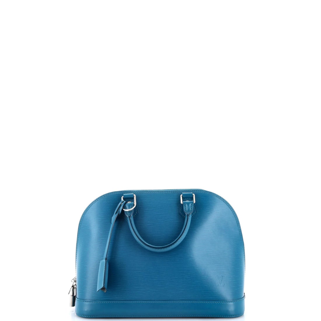 Louis Vuitton Alma Handbag Epi Leather PM: Louis Vuitton Alma Handbag Epi Leather PM The Louis Vuitton Alma Handbag Epi Leather PM boasts a striking blue exterior with scuffs and minor creases, adding a touch of worn elegance. Measuring 9" tal