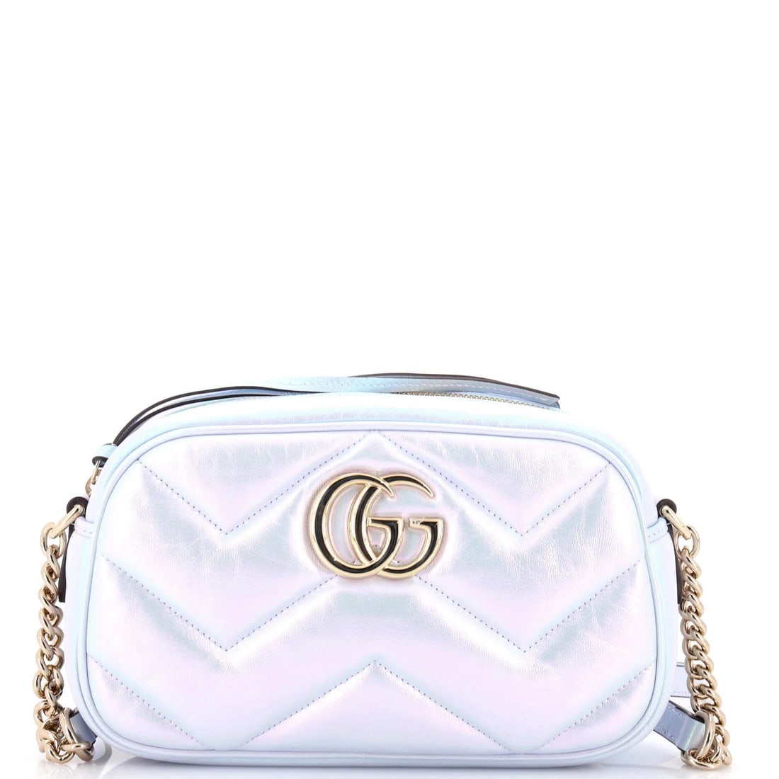 GG Marmont Chevron Iridescent Leather Small Gucci Bag: GG Marmont Chevron Iridescent Leather Small Gucci Bag Small GG Marmont Chevron Iridescent Leather Shoulder Bag in Blue, featuring chevron iridescent leather and satin interior. This stylish small bag 