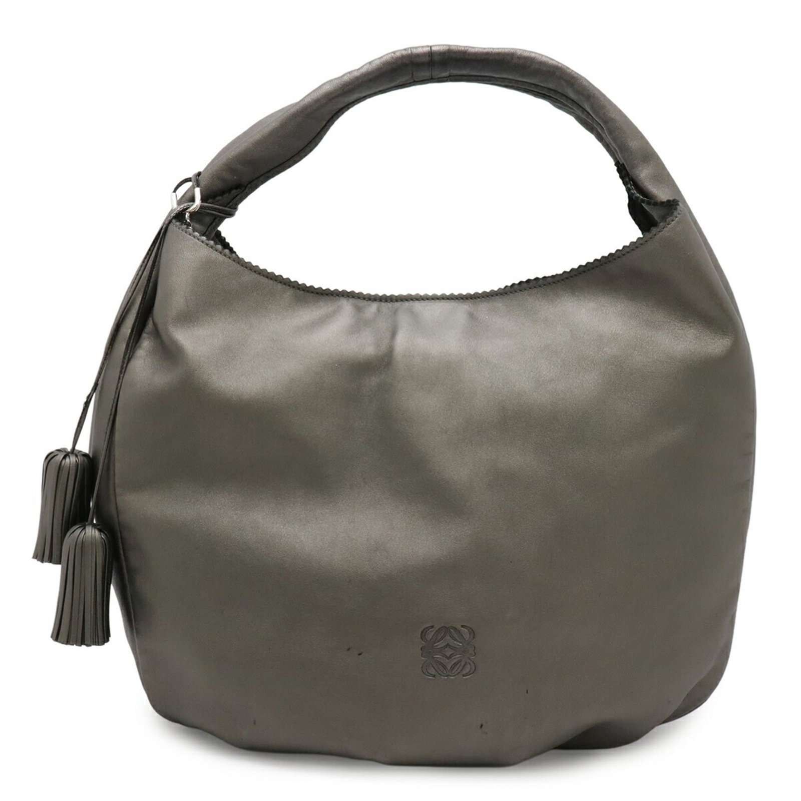 Loewe Handbag Shoulder Bag Leather: Loewe Handbag Shoulder Bag Leather This metallic silver Loewe shoulder bag features high-quality leather construction and a sleek design. With its classic shape and subtle scratches, it exudes