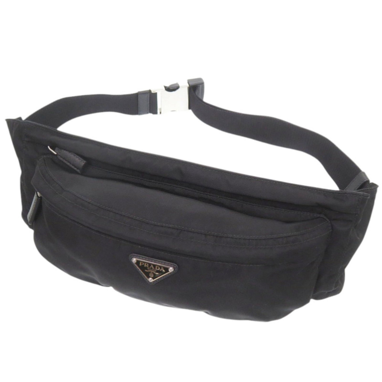 Nylon Prada Sling Bag Fanny Pack: Nylon Prada Sling Bag Fanny Pack Black Nylon Prada Fanny Pack with a sleek design, featuring a durable nylon material and a classic sling bag style. Measuring 12.5cm x 33.5cm x 8cm, this used fanny