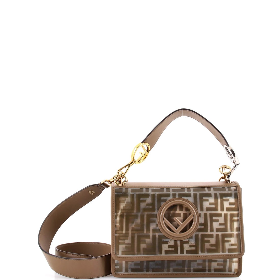 Fendi Kan I F Shoulder Bag Zucca PU Medium: Fendi Kan I F Shoulder Bag Zucca PU Medium The Fendi Kan I F Shoulder Bag Zucca PU Medium boasts a neutral exterior with heavy scuffs throughout and edge wear, adding a touch of worn elegance. This