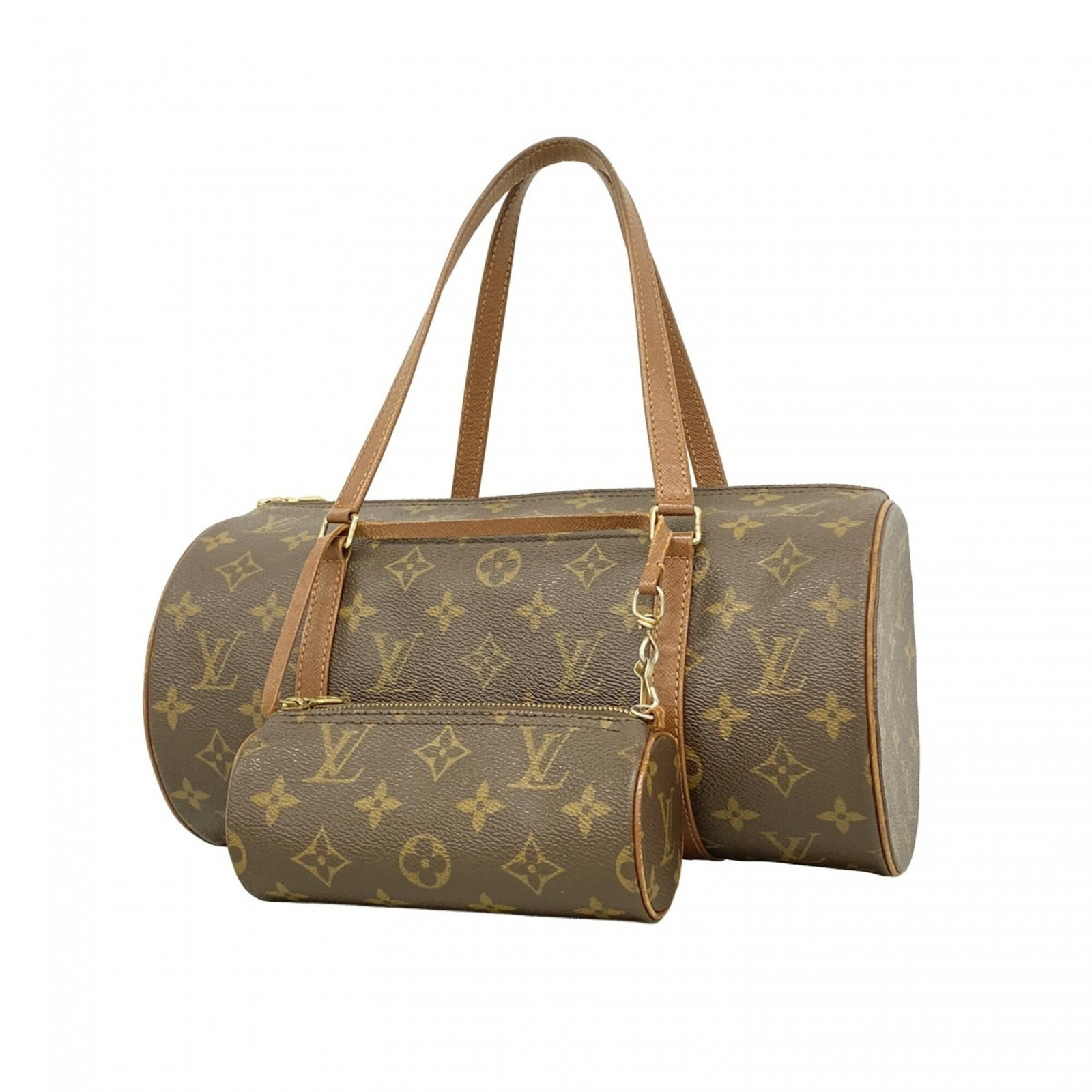 Handbag by Louis Vuitton: Handbag by Louis Vuitton Brown Louis Vuitton handbag with a classic design, measuring 15cm x 30cm x 15cm. The bag has visible traces of usage and minor scratches/dirt, indicating it's been well-loved.
