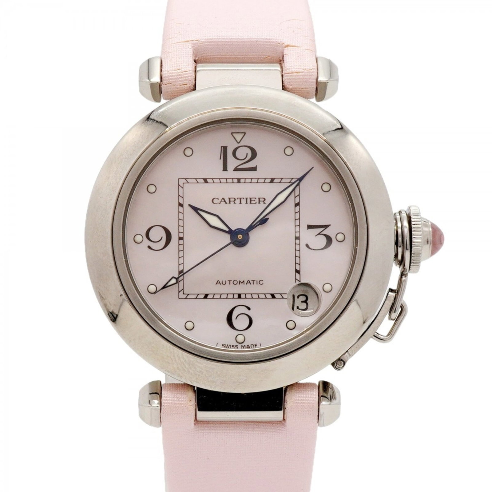 Cartier Wristwatch: Cartier Wristwatch Cartier wristwatch with leather band in pink color, featuring a 35.4mm case diameter and adjustable size to fit wrists up to 18cm. This pre-owned timepiece bears traces of usage and