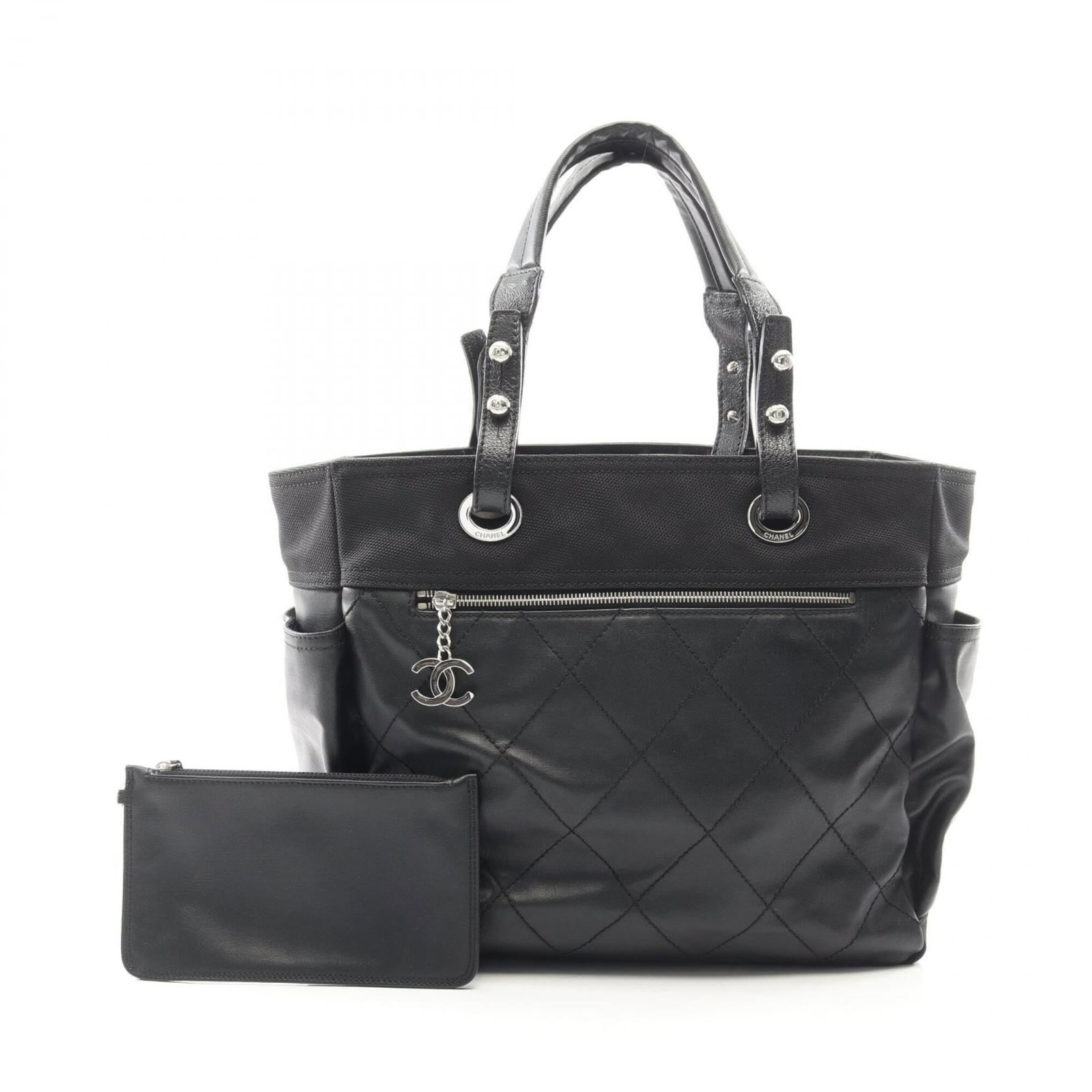 Canvas Leather Coated Bag Tote Pouch Handbag: Canvas Leather Coated Bag Tote Pouch Handbag Canvas Leather Coated Bag Tote Pouch Handbag in Black with Silver Hardware. This used Chanel-style handbag features coated canvas and leather construction,