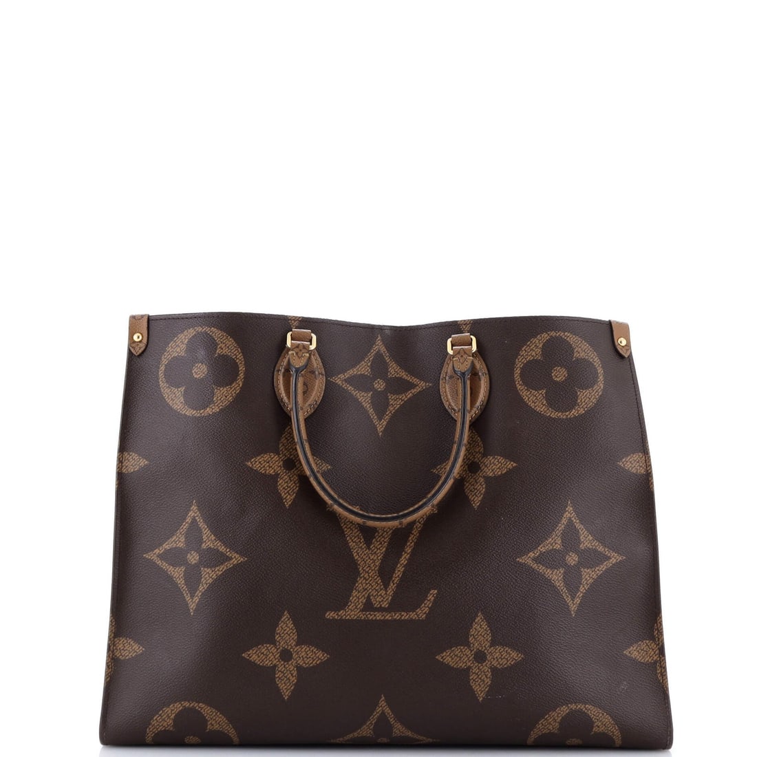Monogram Giant Louis Vuitton OnTheGo Reverse Tote: Monogram Giant Louis Vuitton OnTheGo Reverse Tote The Monogram Giant Louis Vuitton OnTheGo Reverse Tote boasts a classic design with a signature brown exterior and striking red interior. With its stur