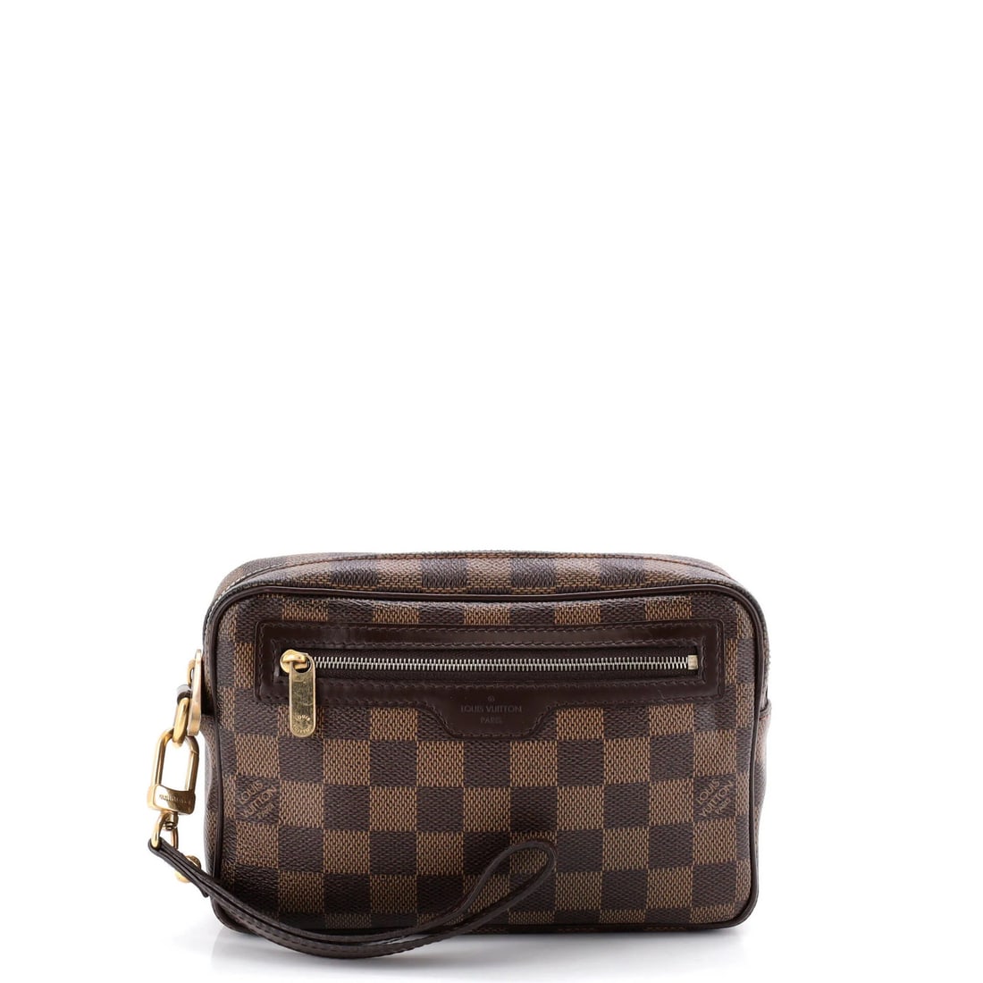 Louis Vuitton Damier Pochette Macao: Louis Vuitton Damier Pochette Macao The Louis Vuitton Damier Pochette Macao in brown canvas coated exterior features a classic design with gold hardware and a sturdy strap. Measuring 9" handle drop,