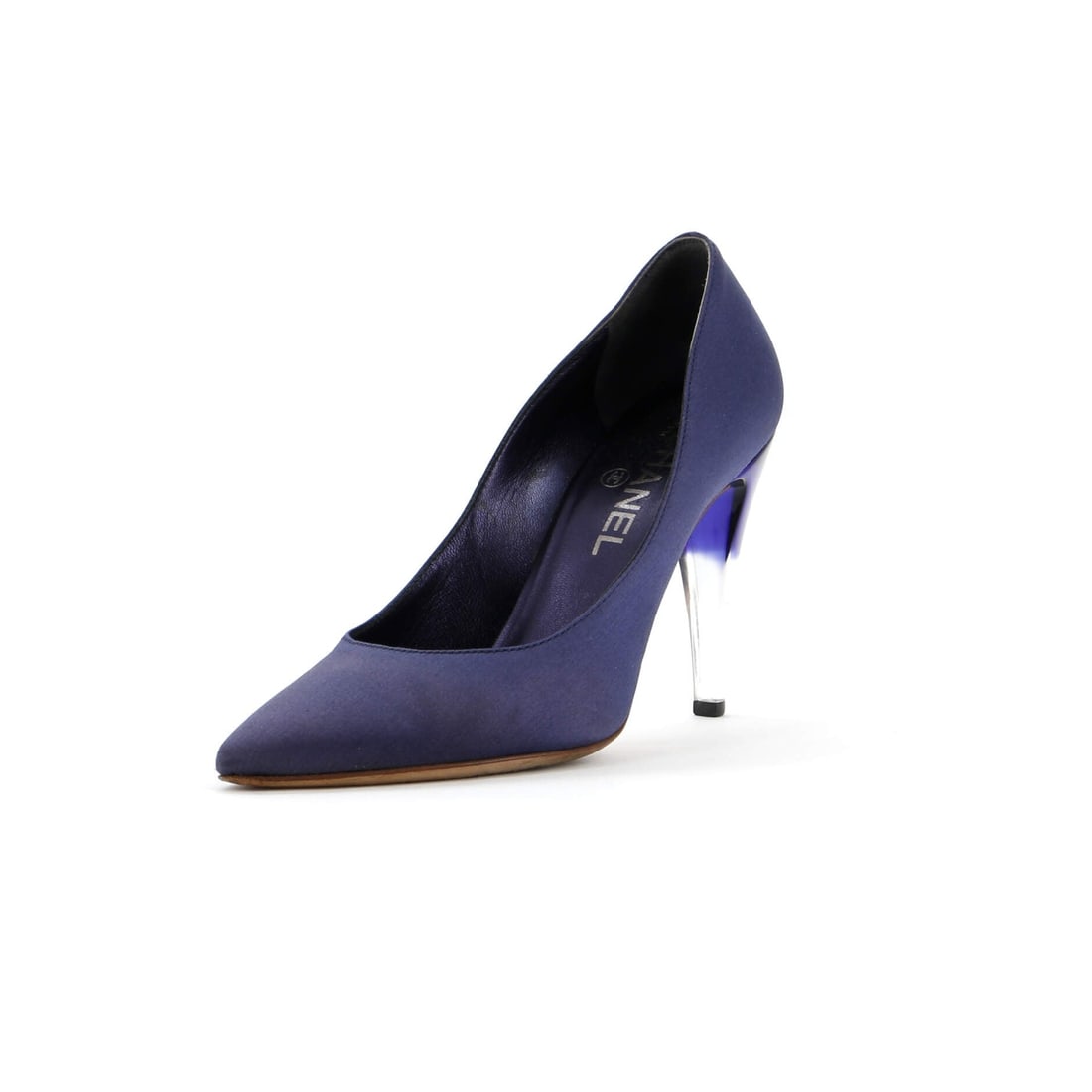 Chanel Women's Pointed Toe Pumps Satin and Lucite: Chanel Women's Pointed Toe Pumps Satin and Lucite Satin and Lucite details add an elegant touch to these classic Chanel women's pointed toe pumps, featuring a striking blue hue that makes a