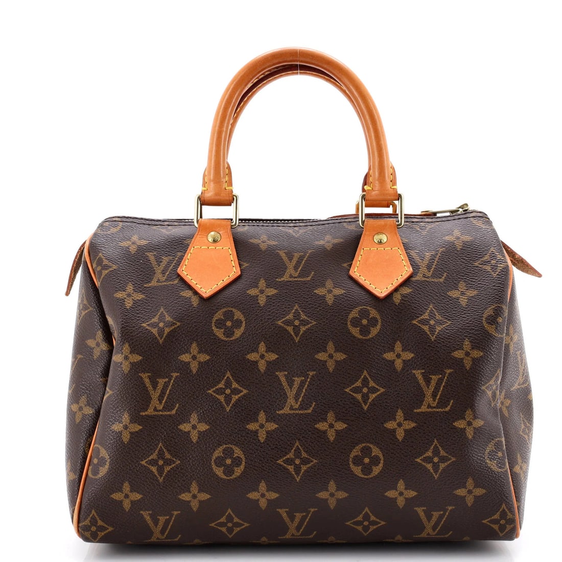 Canvas monogram Louis Vuitton Speedy handbag: Canvas monogram Louis Vuitton Speedy handbag Canvas monogram Louis Vuitton Speedy handbag in brown, featuring the iconic top handle design and signature monogram pattern. The bag's exterior shows sign