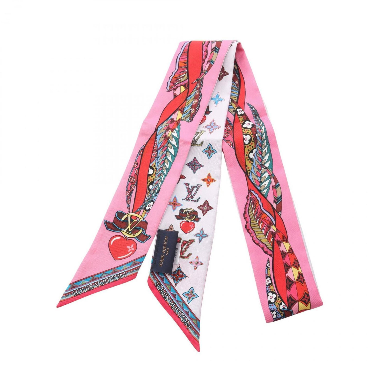 Silk Louis Vuitton Scarf: Silk Louis Vuitton Scarf Silk Louis Vuitton Scarf, featuring a multi-color design with pink accents, made from high-quality silk material. The scarf measures 1.18m x 5cm and bears some minor scratches