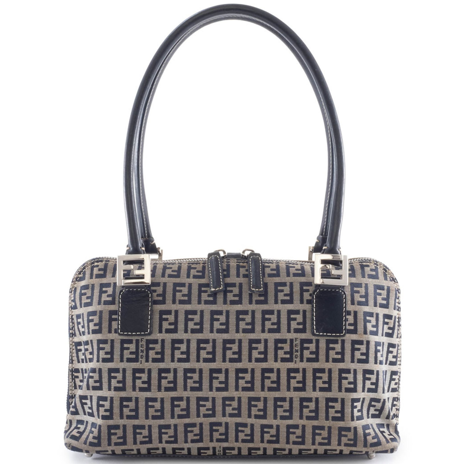 Canvas shoulder bag by Fendi: Canvas shoulder bag by Fendi Canvas shoulder bag by Fendi, featuring a classic beige and navy color combination. With its sturdy canvas material and signature zipper closure, this timeless piece is pe