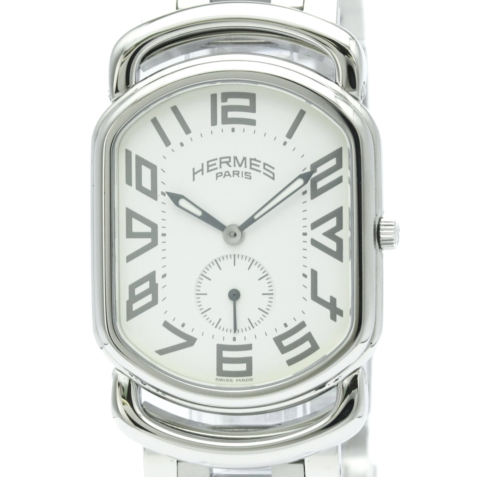 Wristwatch by Hermes: Wristwatch by Hermes Stainless steel case and band, white dial, and classic design make this Hermes wristwatch a timeless choice for formal occasions. With its 31mm diameter and used condition featuri