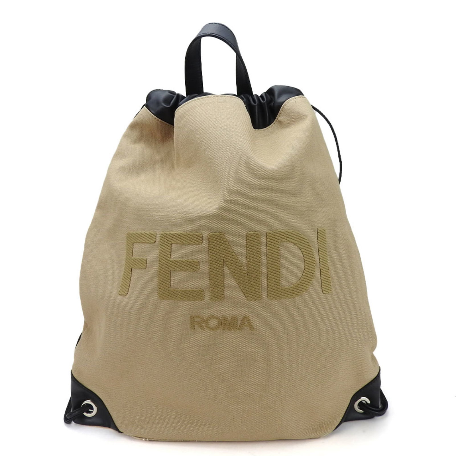 Fendi Leather Backpack: Fendi Leather Backpack Fendi Leather Backpack for sale, featuring high-quality canvas and leather construction in beige and black hues. The backpack measures 40cm x 35cm x 6cm and has a used condition