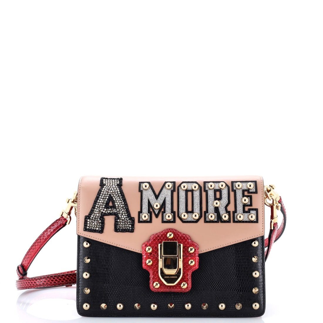 Dolce & Gabbana Lucia Shoulder Bag Embellished Leather and LIzard Embossed: Dolce & Gabbana Lucia Shoulder Bag Embellished Leather and LIzard Embossed The Dolce & Gabbana Lucia Shoulder Bag boasts an embossed lizard pattern on its neutral-colored exterior, adding a touch of