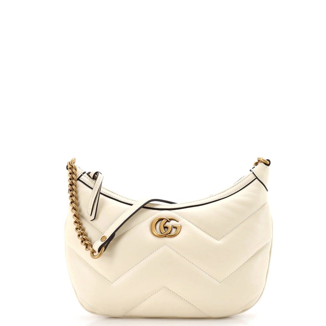 Matelasse Leather Small Hobo Marmont Chain Moon Gucci GG: Matelasse Leather Small Hobo Marmont Chain Moon Gucci GG Small Matelasse Leather Gucci GG Marmont Chain Moon Hobo in Neutral, featuring the iconic GG Marmont chain motif. With its neutral exterior and