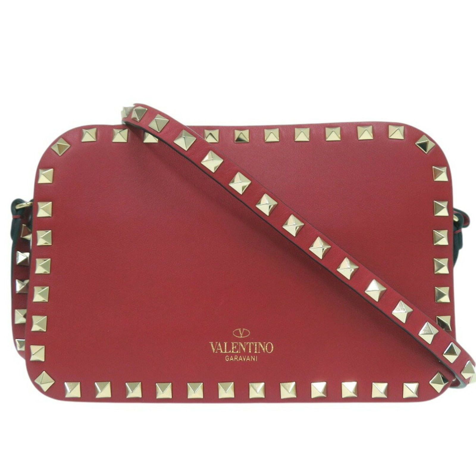 Garavani Valentino Leather Bag Shoulder: Garavani Valentino Leather Bag Shoulder Red leather shoulder bag with gold hardware, bearing traces of usage and minor scratches. The Valentino Garavani brand is evident in the high-quality craftsmans