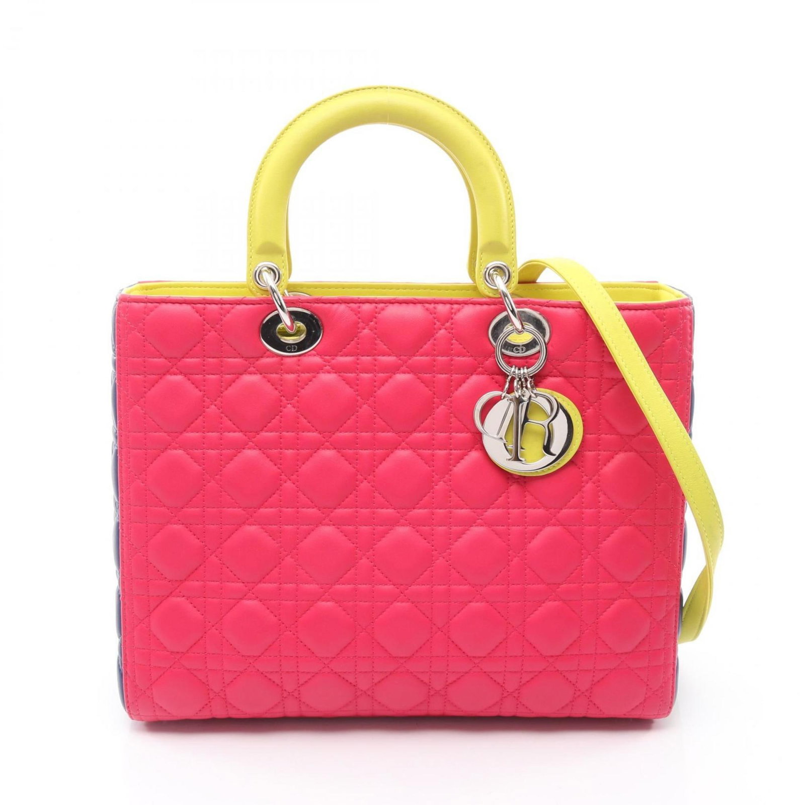 Christian Dior Handbag Leather: Christian Dior Handbag Leather Blue, Pink, and Yellow Leather Handbag from Christian Dior. This used handbag features a few traces of usage with some scratches and dirt, but remains in very good