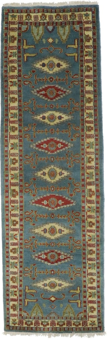 3X9 ft Hand-Knotted Blue Geometric Kazak Runner Rug Oriental Kitchen Carpet: 3X9 ft Hand-Knotted Blue Geometric Kazak Runner Rug Oriental Kitchen Carpet Hand-Knotted Blue Geometric Kazak Runner Rug - A unique and eco-friendly addition to your kitchen, featuring a normal pile t
