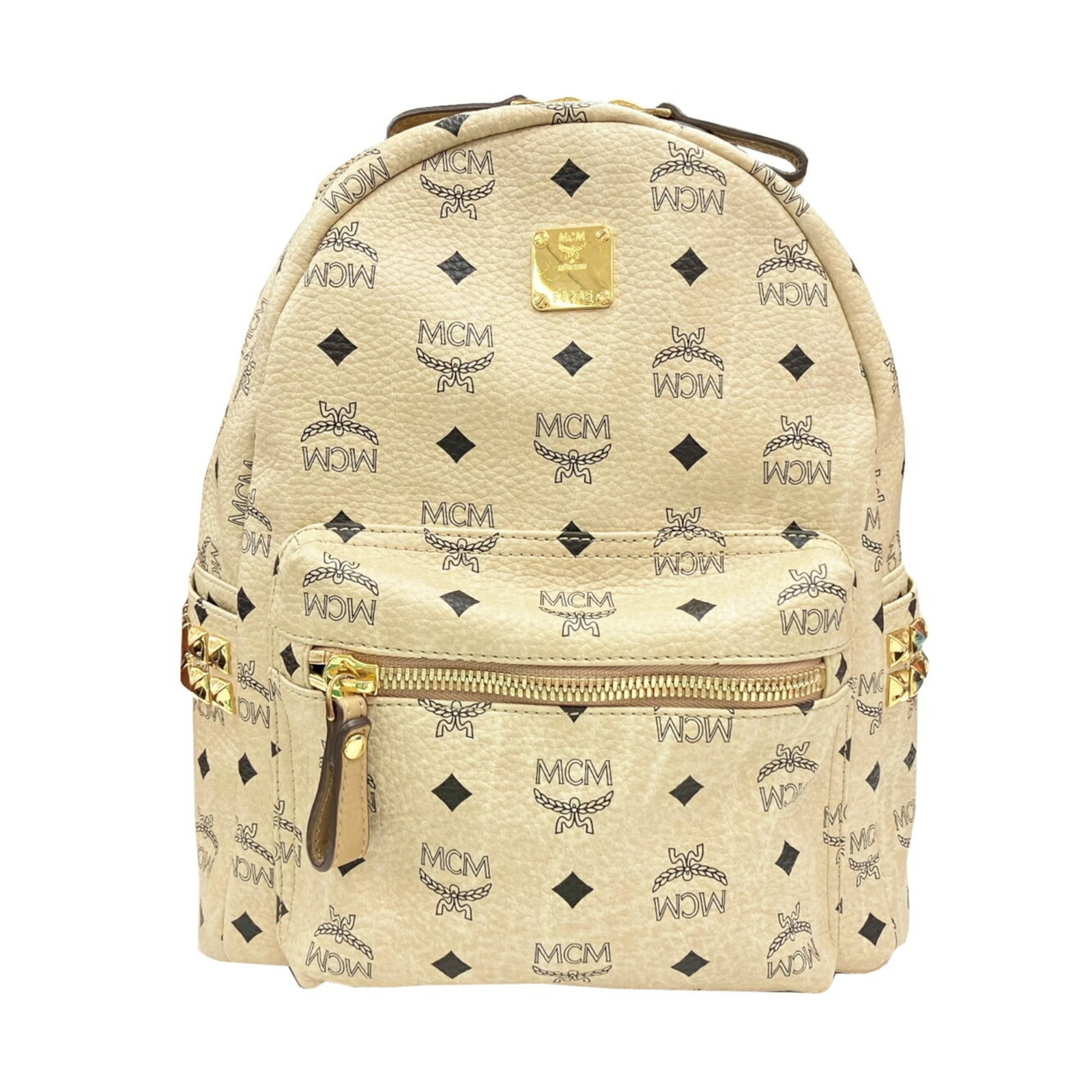 Backpack Leather Mcm: Backpack Leather Mcm Backpack in good condition, featuring a classic design with leather material and beige color. The item has traces of usage, scratches, and dirt but remains generally in good condi