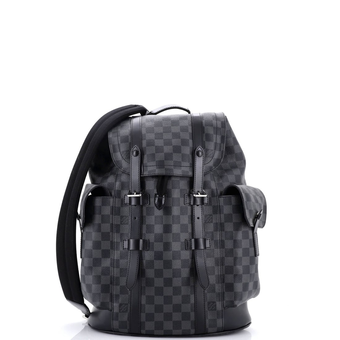 Christopher Louis Vuitton Damier Backpack Graphite PM: Christopher Louis Vuitton Damier Backpack Graphite PM Black canvas coated Louis Vuitton Damier Graphite PM backpack with silver hardware, featuring scuffs and edge wear on the exterior. The interior