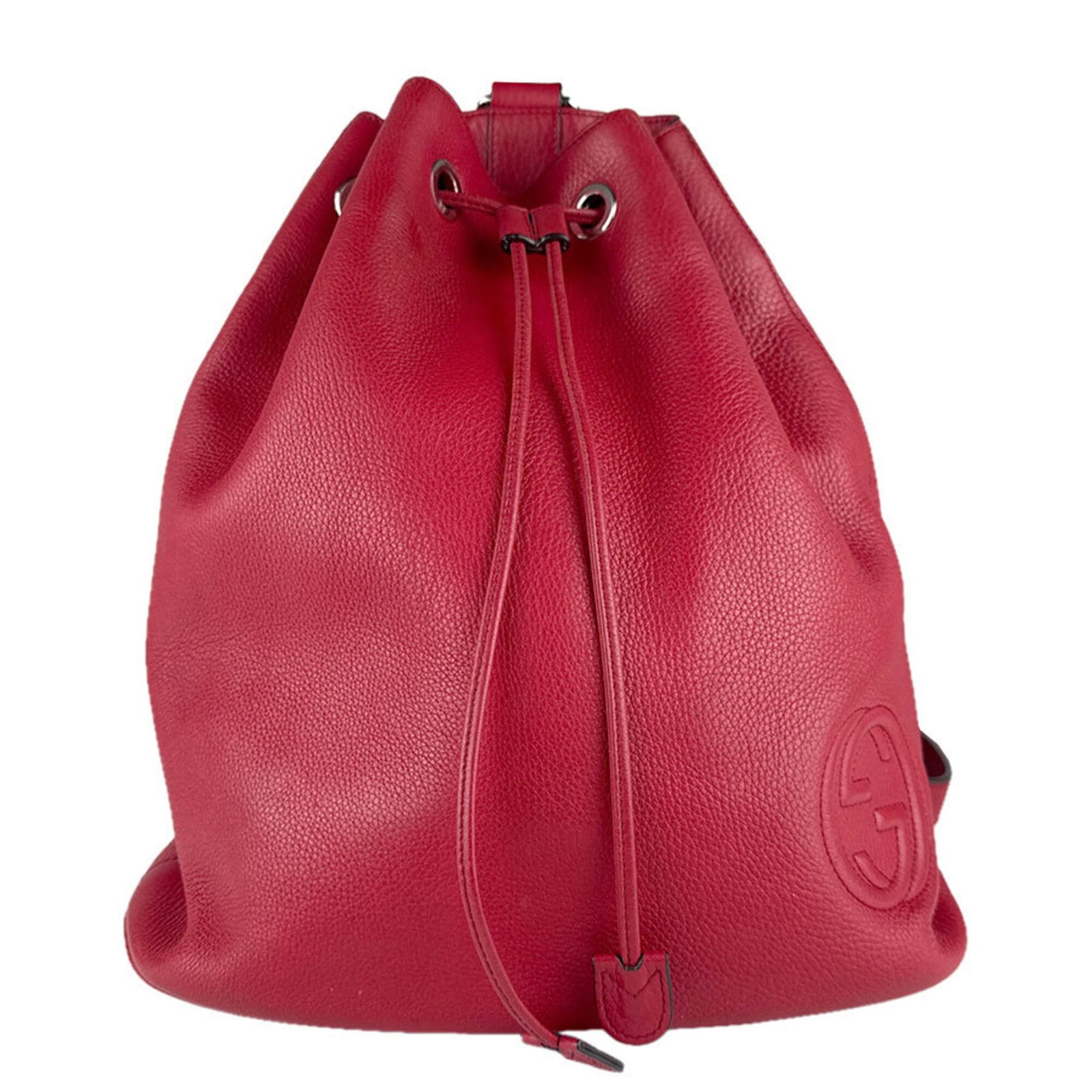 Backpack Leather Gucci: Backpack Leather Gucci Red Leather Gucci Backpack in Good Condition. This used backpack features genuine red leather and measures 34cm x 31cm x 15cm, with traces of usage visible due to scratches and 