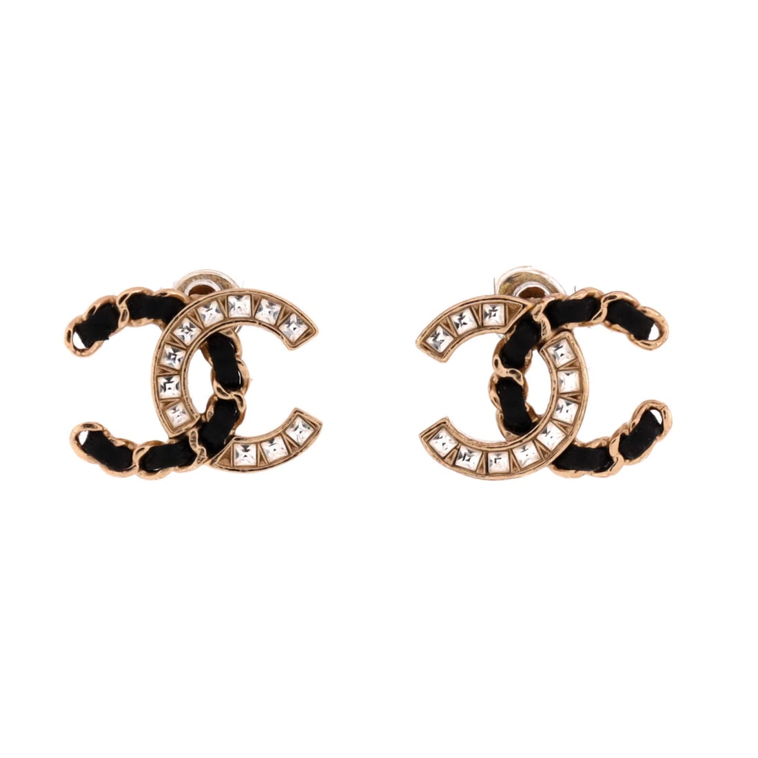 Stud earrings metal leather crystals Chanel: Stud earrings metal leather crystals Chanel Stud earrings with gold metal, black leather, and crystals, bearing the iconic Chanel CC Stud Earrings Metal with Leather and Crystals design. The item